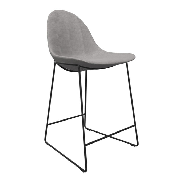 Gray upholstered bar stool with a sleek black metal frame, featuring a subtle textured pattern. Perfect for modern decor.
