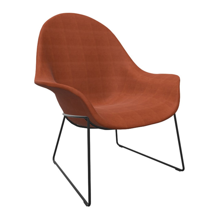 Rust-orange upholstered chair with a smooth finish and subtle grid pattern, paired with sleek black metal legs.