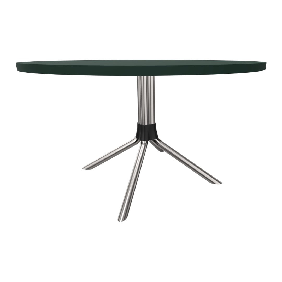 Round table with a dark green top and shiny silver metal legs, featuring a sleek and modern design.