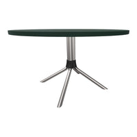 Round table with a dark green top and shiny silver metal legs, featuring a sleek and modern design.