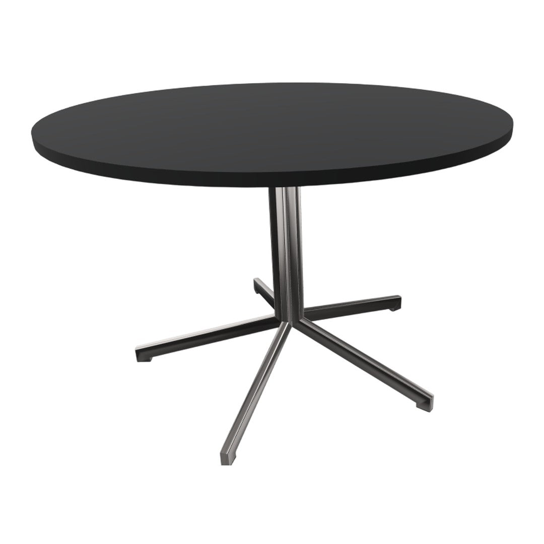 Round black table with a sleek silver base, perfect for modern decor. Simple and elegant design.