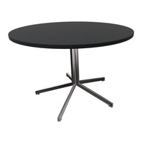 Round black table with a sleek silver base, perfect for modern decor. Simple and elegant design.
