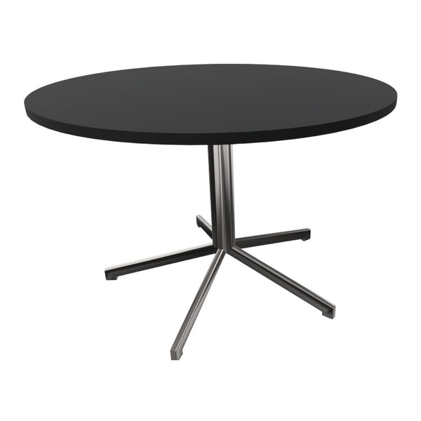Round black table with a sleek silver base, perfect for modern decor. Simple and elegant design.