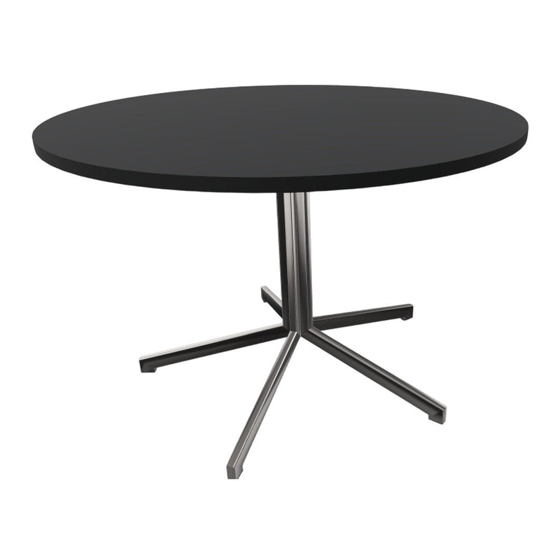 Round black table with a sleek silver base, perfect for modern decor. Simple and elegant design.