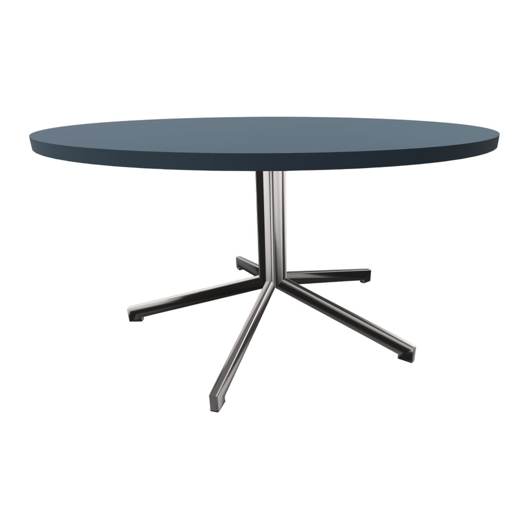 Round blue tabletop with a sleek metallic silver base, modern design, and minimalist style. Perfect for contemporary spaces.