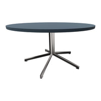 Round blue tabletop with a sleek metallic silver base, modern design, and minimalist style. Perfect for contemporary spaces.