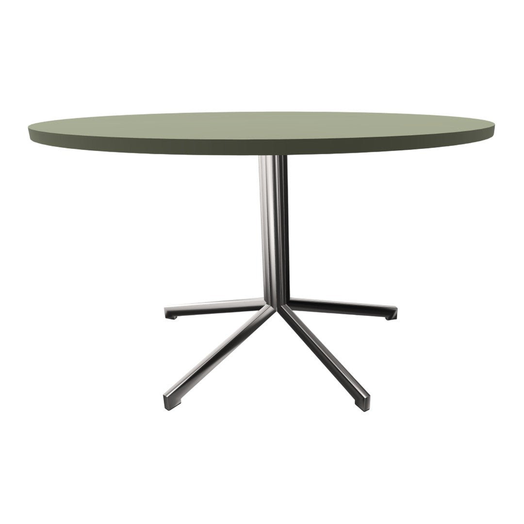 Round green tabletop with a sleek silver base, blending modern design and minimalistic style.