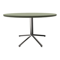 Round green tabletop with a sleek silver base, blending modern design and minimalistic style.