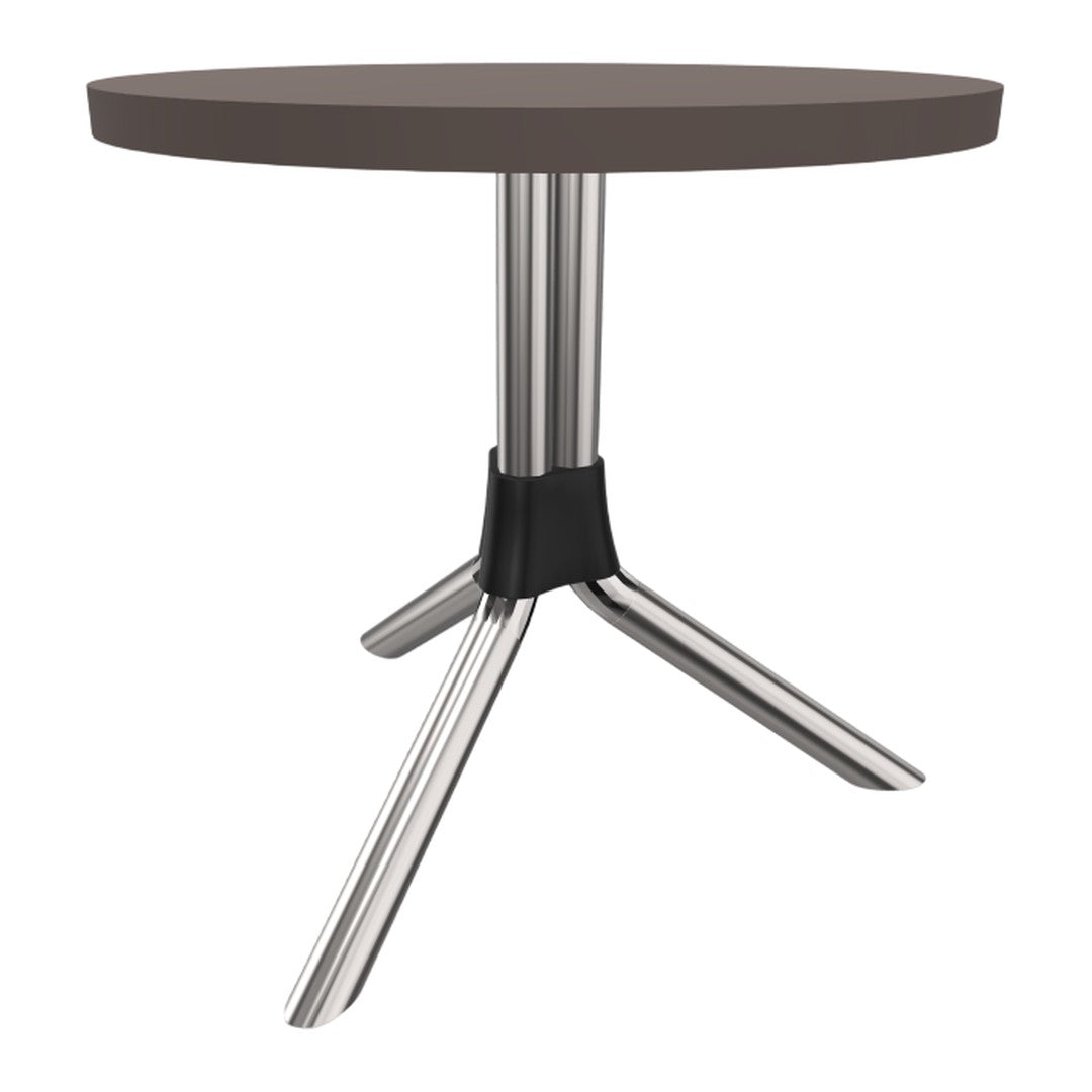 Modern round table with a dark brown top and sleek silver metal legs, accented by a black connector.