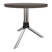 Modern round table with a dark brown top and sleek silver metal legs, accented by a black connector.