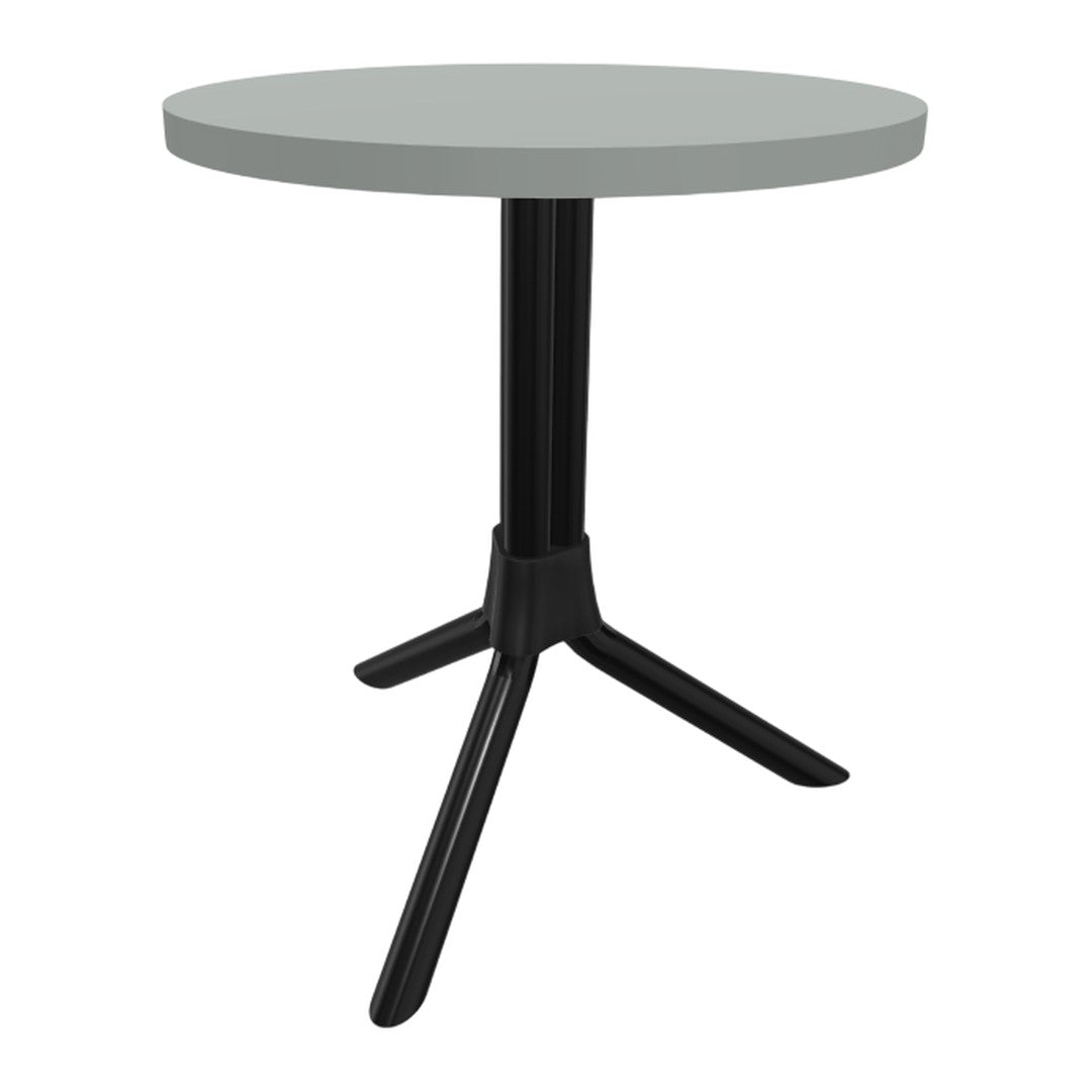 Grey round tabletop with a sleek black tripod base, perfect for modern decor.