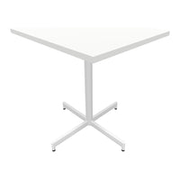 White square table with a minimalist design and a sleek white metal base. Perfect for modern decor.