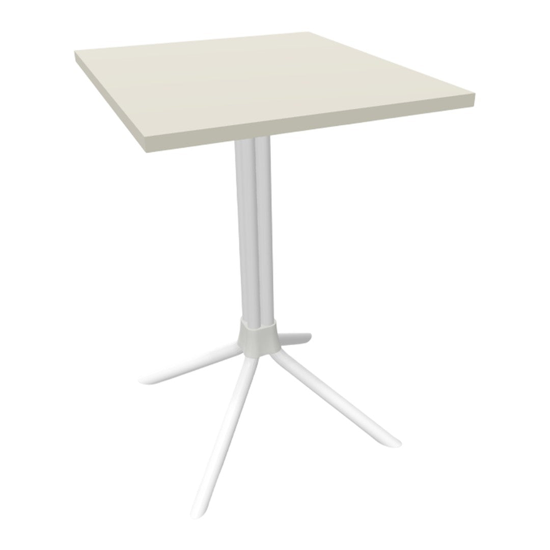Modern square table with a muted beige top and sleek white legs, perfect for minimalist decor.