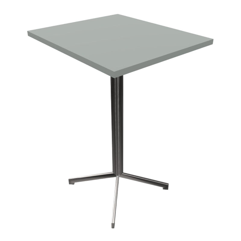 Gray square table with a sleek black metal base, perfect for modern decor.