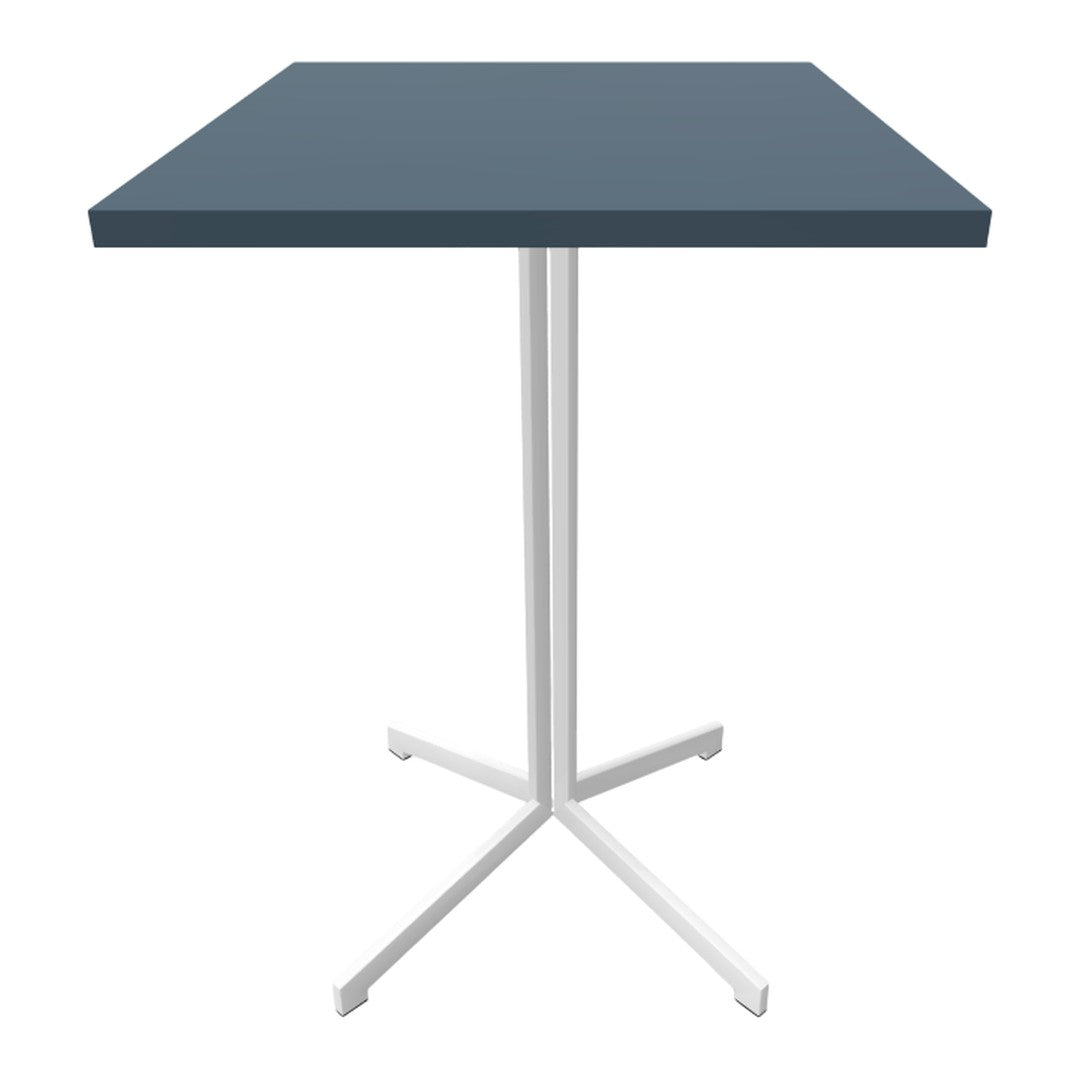 Modern square table with a dark blue top and sleek white legs, featuring a minimalist design for contemporary spaces.