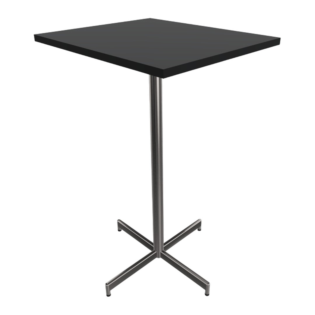 Black square tabletop with a sleek silver metal base, perfect for modern decor. Ideal for dining or casual settings.