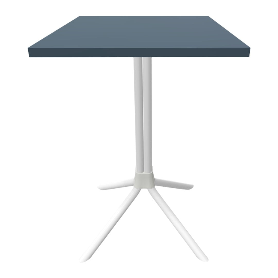 Dark blue tabletop with a minimalistic white base, featuring clean lines and a modern design.