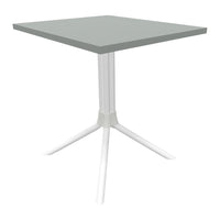 Gray square tabletop with white legs, featuring a sleek modern design ideal for contemporary spaces.
