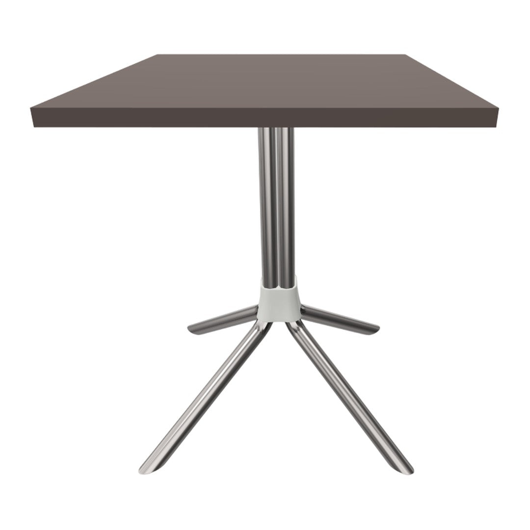 Brown square tabletop with a sleek silver base, minimalistic design, and modern finish perfect for contemporary spaces.
