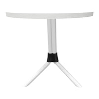 White round tabletop with sleek, white legs and a black accent at the base, featuring a modern minimalist design.