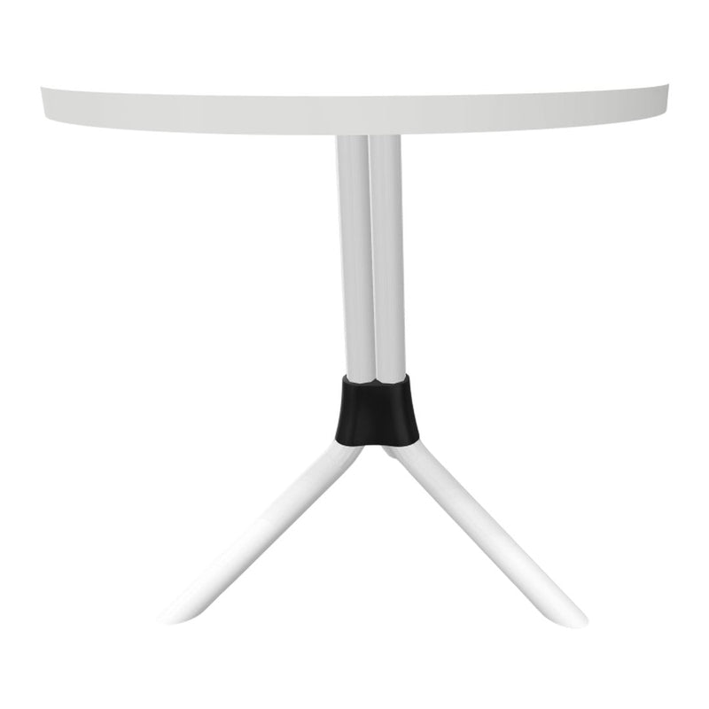 White round tabletop with sleek, white legs and a black accent at the base, featuring a modern minimalist design.