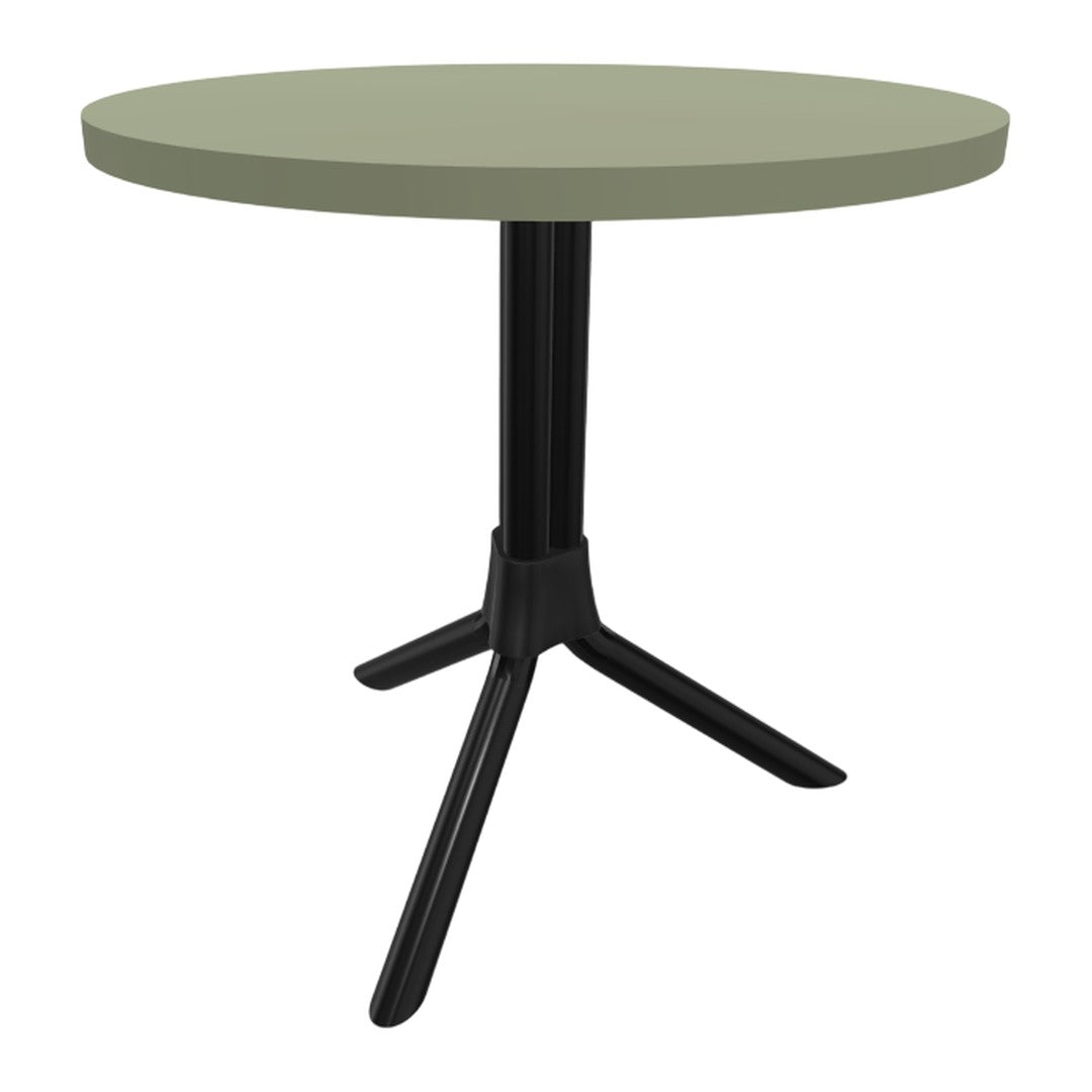 Round olive green table with a sleek black tripod base, perfect for modern decor.