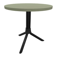 Round olive green table with a sleek black tripod base, perfect for modern decor.