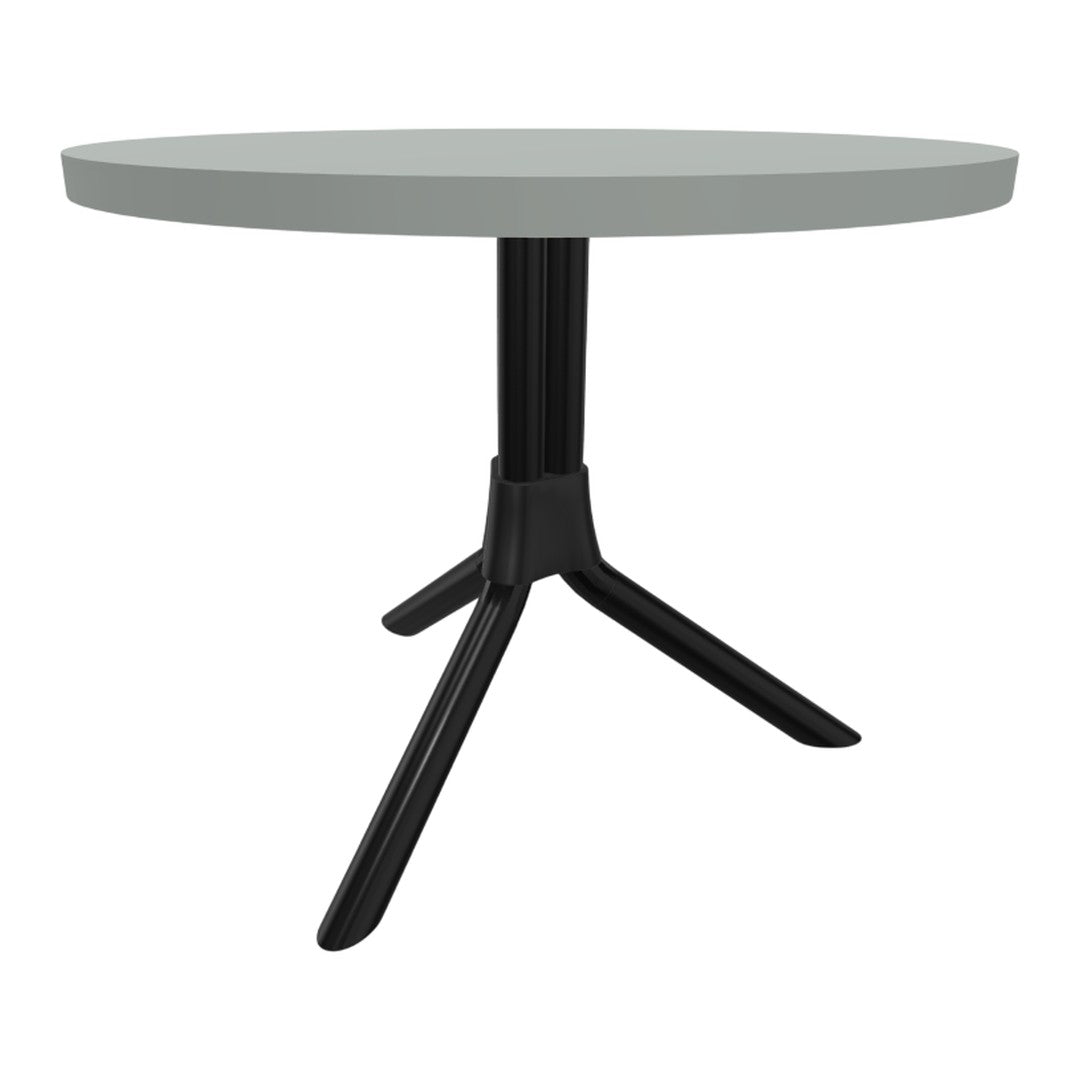 Round gray tabletop with a sleek black tripod base, ideal for modern decor. Simple and elegant design.