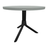 Round gray tabletop with a sleek black tripod base, ideal for modern decor. Simple and elegant design.
