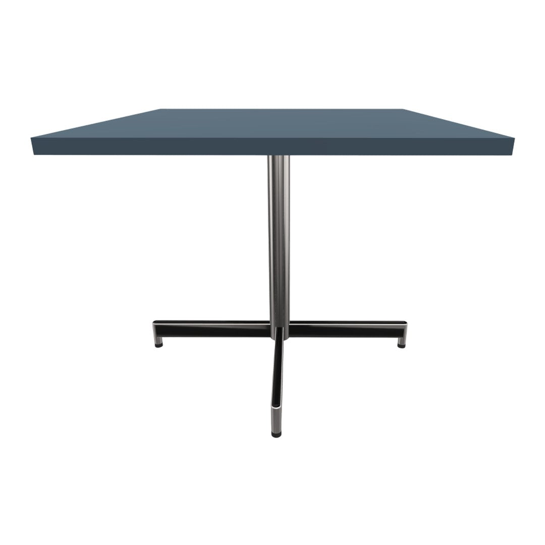 Gray tabletop with a sleek design and chrome base, featuring a modern and minimalist aesthetic.