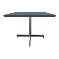 Gray tabletop with a sleek design and chrome base, featuring a modern and minimalist aesthetic.