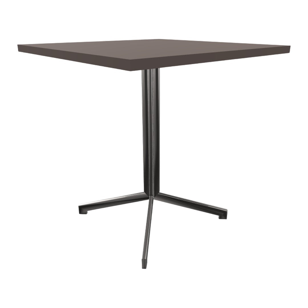 Square brown table with a sleek metal base, showcasing a modern and minimalist design. Perfect for contemporary spaces.
