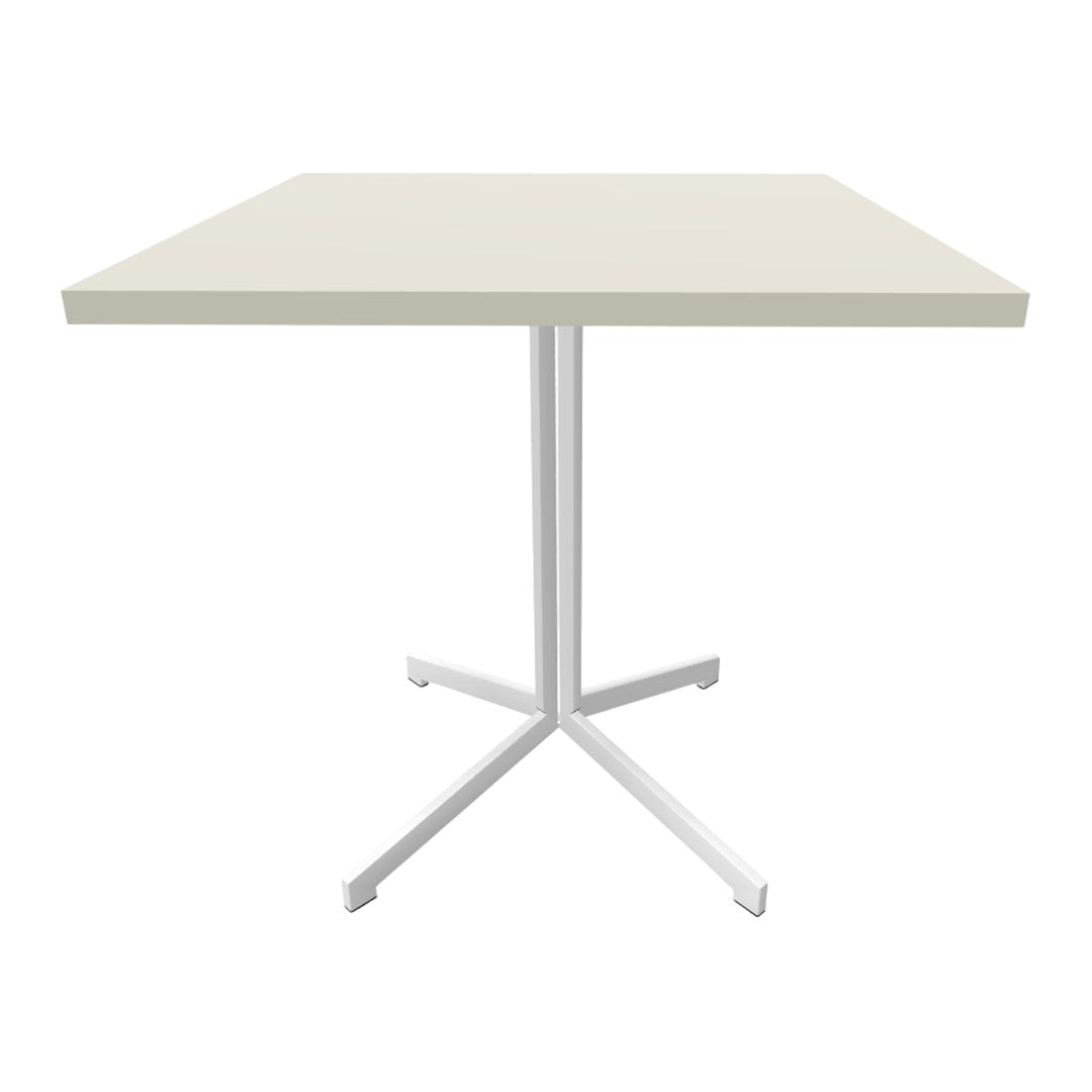 White square table with a smooth surface and minimalist design, featuring a sleek silver base and clean lines.