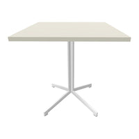 White square table with a smooth surface and minimalist design, featuring a sleek silver base and clean lines.