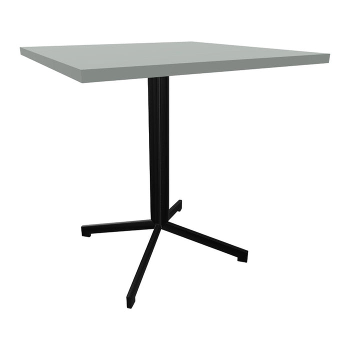 Gray square tabletop with a sleek black metal base, ideal for modern decor.