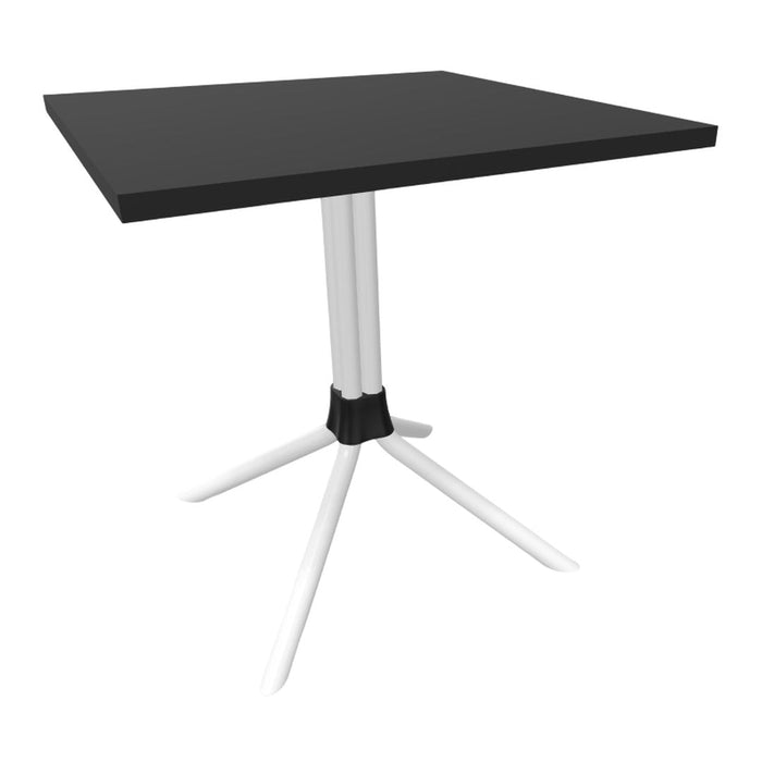 Black square tabletop with sleek white legs and a black connector, featuring a modern minimalistic design.