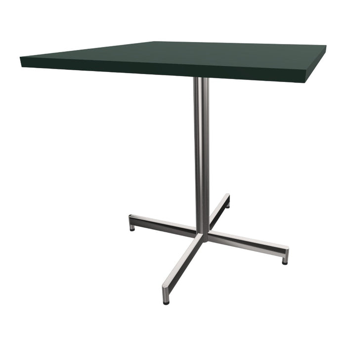 Green square table top with a sleek silver metal base, perfect for modern decor.