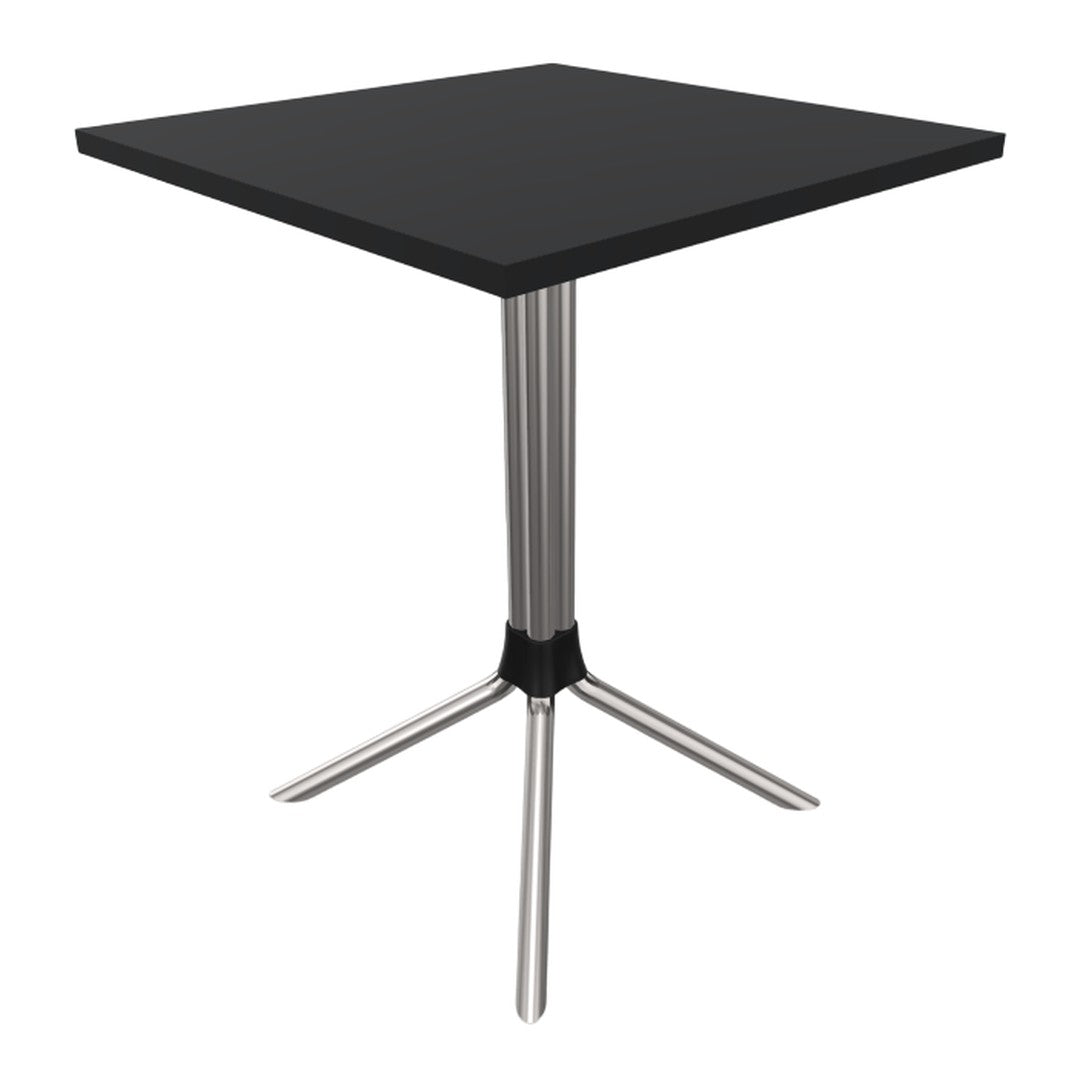 Black square table top with sleek silver legs, featuring a modern minimalist design and a stylish matte finish.