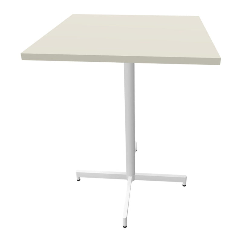 Light beige tabletop with a sleek white metal base, minimalistic design suitable for modern decor.