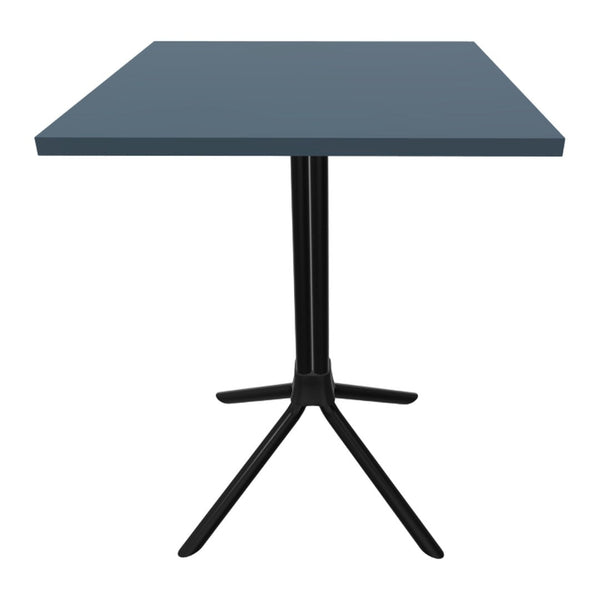 Square table featuring a dark blue top and a sleek black tripod base, ideal for modern decor.
