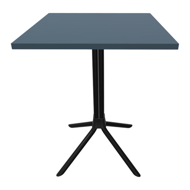 Square table featuring a dark blue top and a sleek black tripod base, ideal for modern decor.