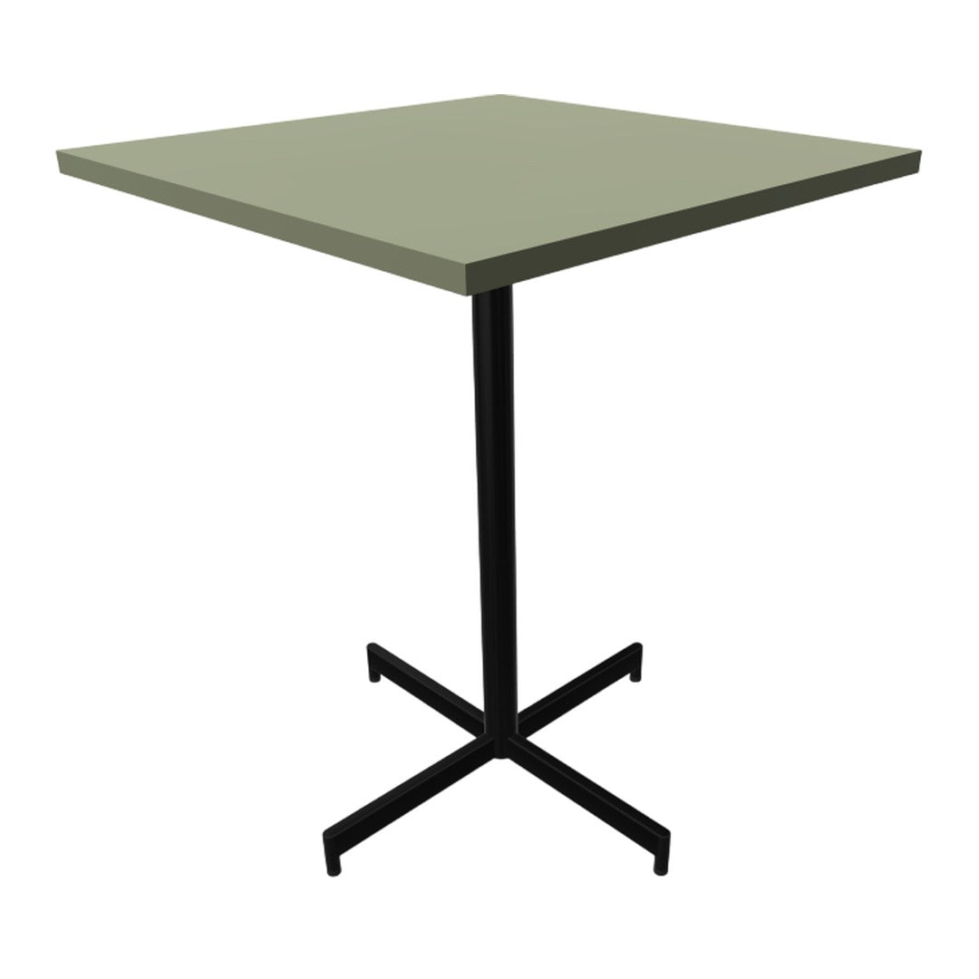 Olive green square tabletop with a sleek black metal base; minimalistic design perfect for modern spaces.