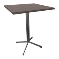 Dark brown square tabletop with a sleek chrome base, showcasing a minimalistic and modern design.
