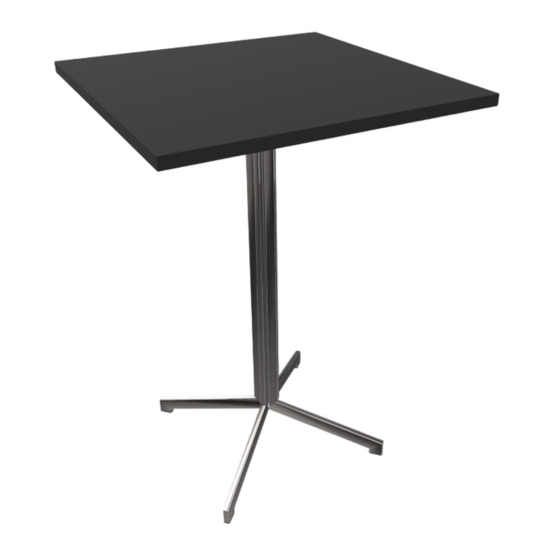 Square black top table with a sleek silver base, combining modern colors and minimalist design elements.