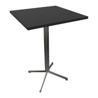 Square black top table with a sleek silver base, combining modern colors and minimalist design elements.