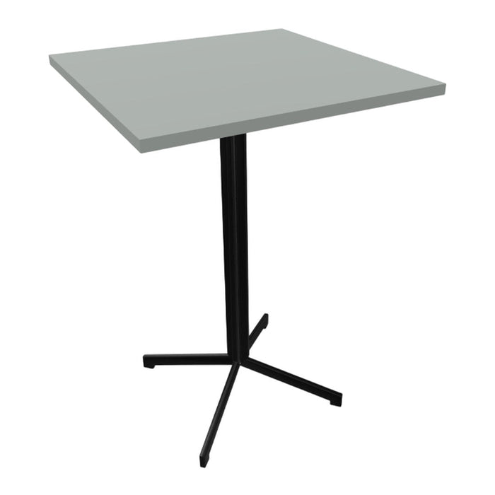 Gray tabletop with a sleek black metal base, featuring a minimalistic design and modern aesthetic.