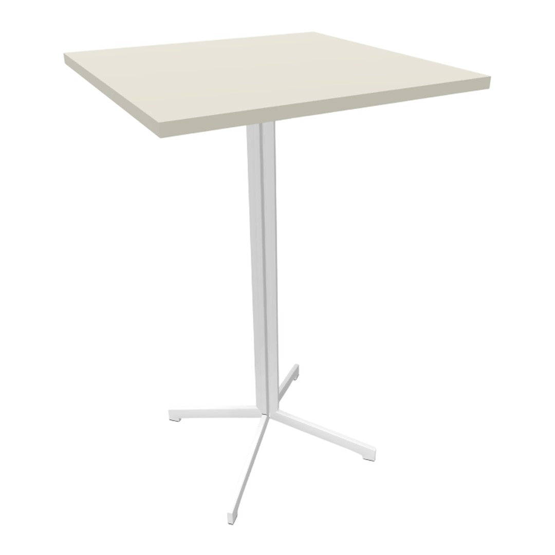 Light gray square table with a sleek white metal base, perfect for any modern space. Simple and elegant design.