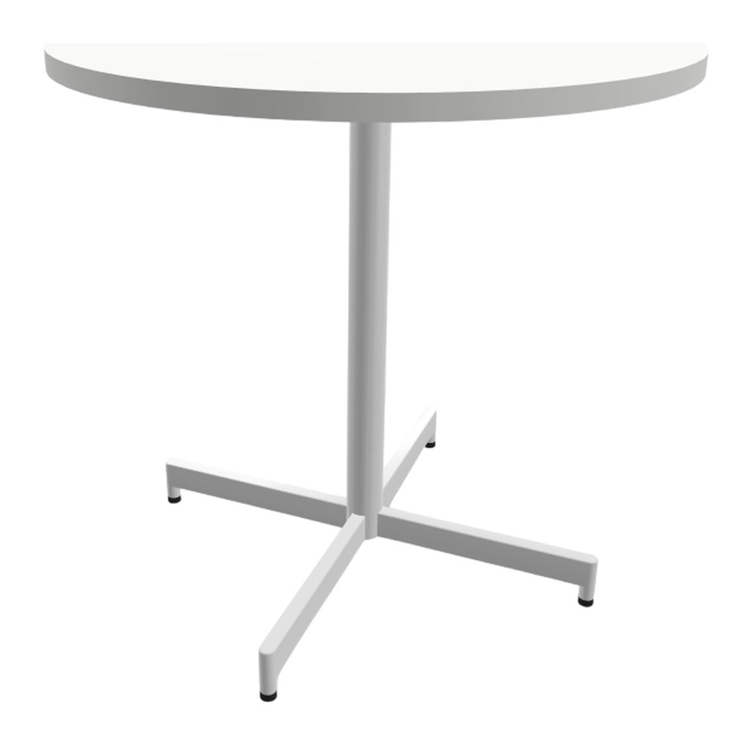 White round table with a minimalist design and a sleek white metal base, perfect for modern interiors.