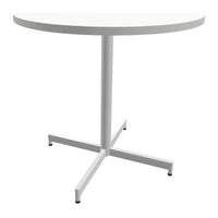 White round table with a minimalist design and a sleek white metal base, perfect for modern interiors.