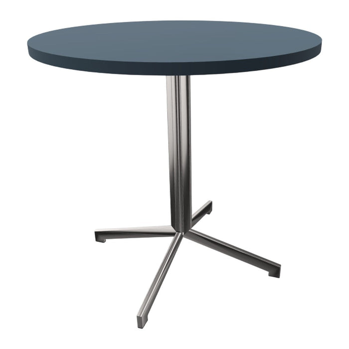 Round navy blue table with a sleek silver base, perfect for modern decor. Simple and stylish design.